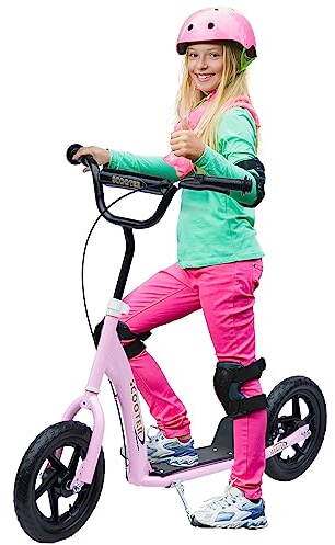 HOMCOM Trottinette Enfant patinette pneus 30 cm Hauteur Guidon réglable poignée Frein et béquille Acier pour Enfants à partir de 5 Ans Rose