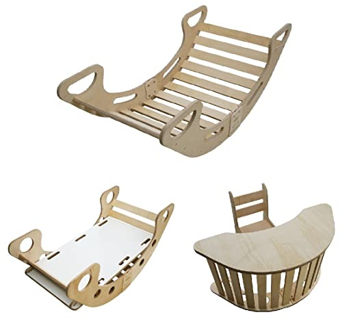 Skyline Balancelles Bascule Enfant Montessori Bebe 1 an Escalade Arche en Bois Mur descalade meble Arc à Grimper Bascule d'équilibre Portique 5in1 d'escalade Bureau et Chaise avec Toboggan XL Naturel