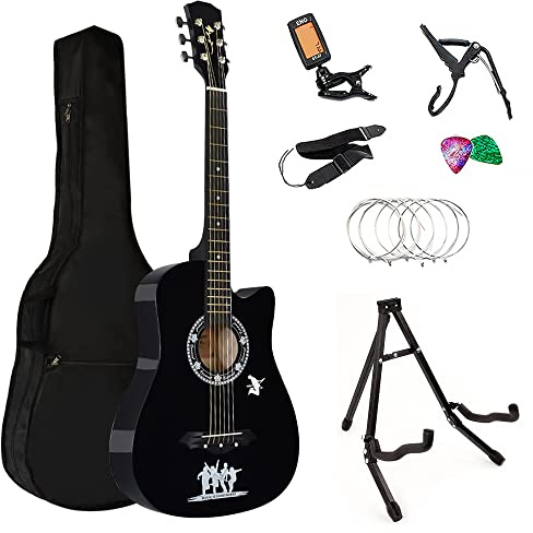 Crystals Acoustic Guitar Full Package Pack with Accessories - 4/4 Size 38 Classic 6 Strings (Black + Guitar Stand)