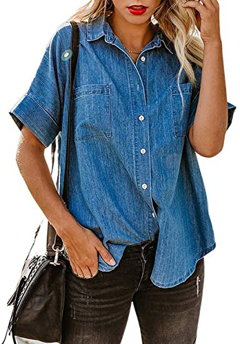 utcoco Women's Button Down Denim Shirt Casual Loose Short Sleeve Jean Shirts Tops with Pockets (Medium, Dark Blue)