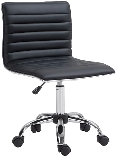 HOMCOM Armless Task Desk Chair, Swivel Office Chair with Faux Leather, Adjustable Seat Height, Chrome Base, Wheels for Home, Black