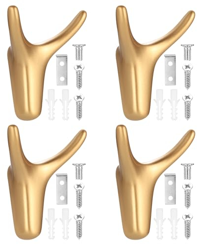 4 Pièces Crochet Mural, Crochet Porte Manteau Mural Double, Accroche Serviette Salle de Bain Patère Murale, Porte Serviette or pour Salle de Bain, Chambre à Coucher, Cuisine