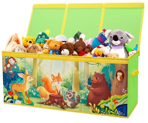 Scatola di Giocattoli Large con Coperchio Ribalta per Bambini, Contenitore Porta Giochi Pieghevole Oxford, Baule Portagiochi Impermeabile Robusto per Ragazze Ragazzi, 96×32×40cm(Animali della Foresta)