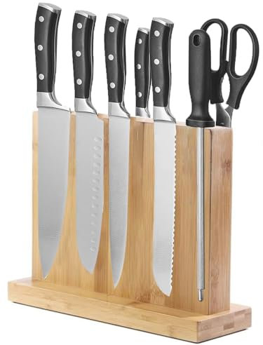 Duscdesp Bloc à couteaux magnétique Bois Bambou, Porte-couteaux magnétique double face Bloc à couteaux sans couteaux, Support de couteaux pour cuisine Rangement et affichage des couteaux