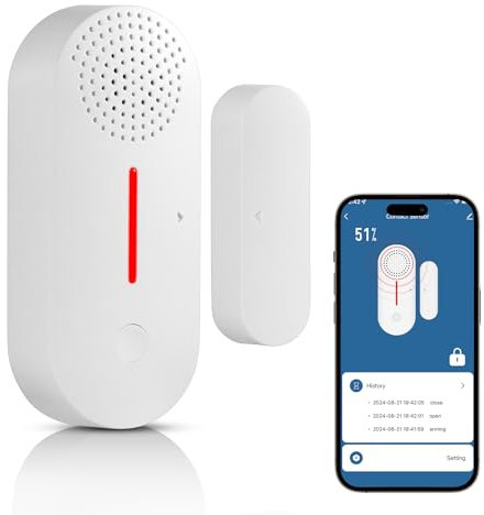 Fuers Alarme Porte WiFi Détecteur Ouverture Porte 115 DB Alarme Porte et Fenetre Alarme Porte Entree sans Fil Alarme de Porte avec App on/Off, Minuterie, Alarme Fenetre pour Maison, Hôtel, Garage