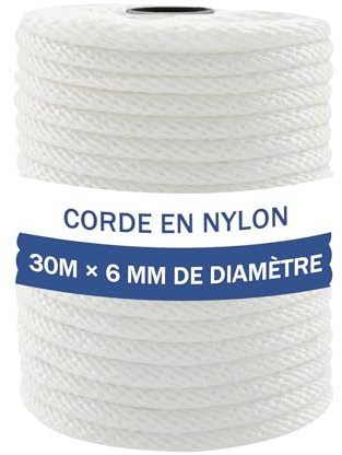 NQ Corde en Nylon 30M x 6MM de Diamètre, 100FT Cordeau en Nylon pour Extérieur, Camping et Randonnée, Corde Robuste pour DIY, Étendoir Et Suspension(Blanc)