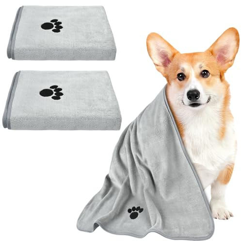 Serviette Chien Microfibre, 2 Pièces Serviette pour Chien Super Absorbante, 75 x 35 cm Serviette Chien Sechage Rapide, Chien Serviette Microfibre Chat, pour Chiens, Chats et Autres Animaux Domestique