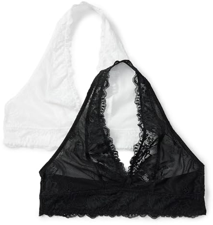 Amazon Essentials Women's Stretch Galloon Lace Halter Bralette, Pack of 2, Black/White, Large