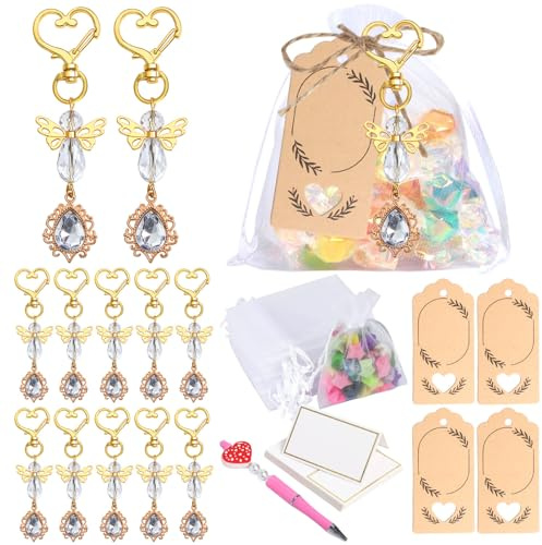 Beimus 30 st ängelska nyckelringar berlockset för bröllopsgästgåvor och babyshower tillbehör med tackkort och organza