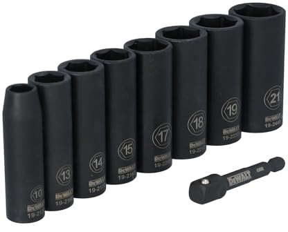 DEWALT 3/8 Impact Socket Set, 9 Pcs Deep Metric Socket Set, 6 point, 10 mm to 21 mm, Includes 1/4 inch Adapter, for Cordless and Corded Impact Drivers and Wrenches (DWAFSMSET9)
