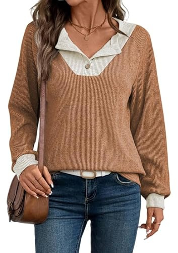Sukiglam Felpa Donna Senza Cappuccio Vintage Maglia Bicolore Casual Scollo a V Maglioni Maniche Lunghe Elegante Felpe con Bottoni Autunno Inverno Pullover Basica Morbida T Shirt per Ogni Giorno