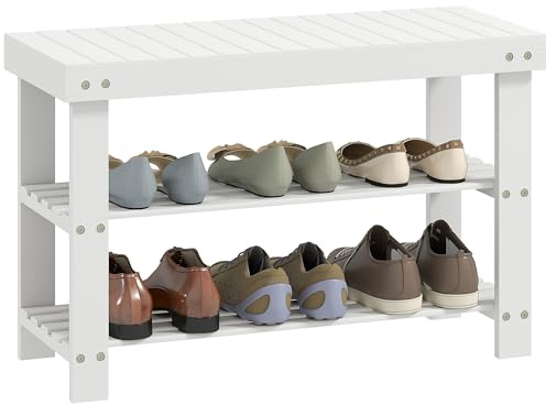 HOMCOM Panca Scarpiera da Ingresso a 3 Livelli in Bambù, Scarpiera con Seduta per 6 Paia di Scarpe, Scaffale per Scarpe a Doghe, Portaoggetti, per Ingresso, Soggiorno, Corridoio, 70x28x45 cm, Bianco