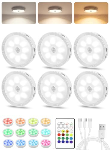 Under Cabinet Lighting, LED Puck Lights with Remote, Rechargeable Motion Sensor Lights Indoor, Dimmable Stick On Lights 3 Color Temps & 12 RGB Under Counter Lights for Kitchen, Closet White 6 Pack