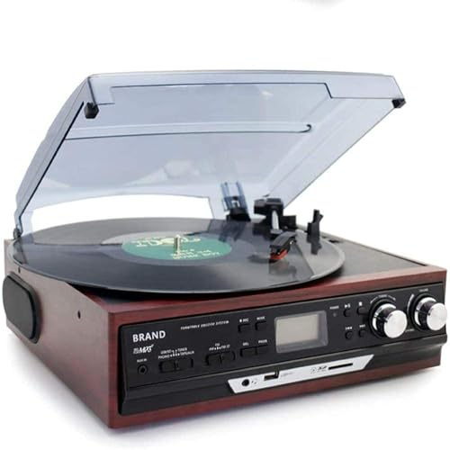 Tocadiscos vintage, sistema estéreo retro 4 en 1 con radio AM/FM, casete y reproductor de CD, altavoces estéreo duales para reproducción clásica de vinilo y música digital