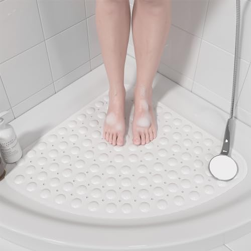 XIYUNTE Corner Shower Mat Non Slip Anti Mould - 54x54cm Quadrant Shape Shower Mats for Inside Shower, White Rubber Bath Mat for Corner Shower, Sector Anti Slip Bath Mats for Bathroom, Machine Washable