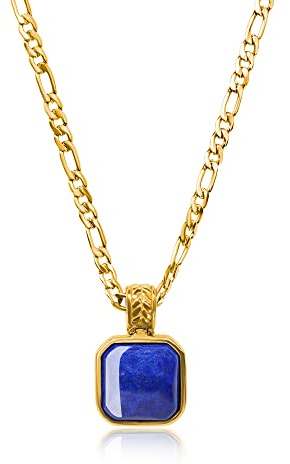 COAI Collar para Hombre con Cadena Figaro en Acero Inoxidable Chapado en Oro y Colgante Cuadrado de Lapislázuli Piedra Natural Genuina