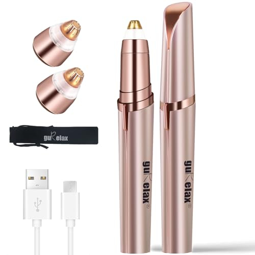 Gurelax Epilatore per Sopracciglia, Epilatore Elettrico Ricaricabile per Sopracciglia per Donne con luce LED, Rasoio per Depilazione Sopracciglia indolore con 2 Testine di Ricambio (Oro Rosa)