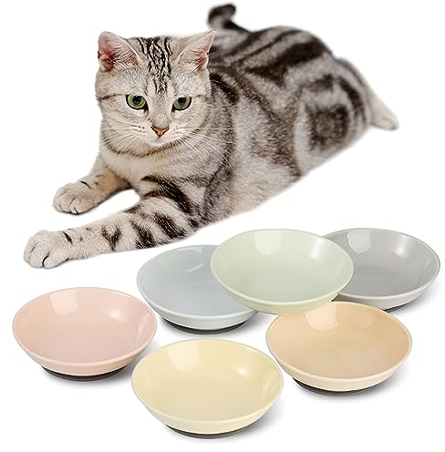Katzennäpfe aus Keramik Katzennapf Set - 6 Stück Futternapf für Katzen im Pastellstil - Breit, Flach, mit Mini-Silikonpads - mikrowellen- und spülmaschinenfest - 250 ml