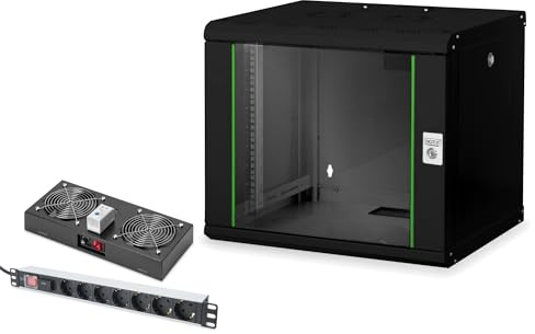 DIGITUS Set: Armario de Red de 19 9U + Ventilador de Techo + regleta de 7 Puertos // Rack de 19 Pulgadas - Montaje en Pared - 450mm de Profundidad - Carga 100kg - Profundidad útil 305-370 mm - Negro