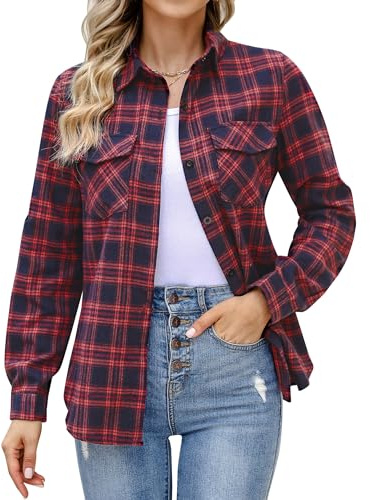 Aottori Womens Plaid Shirt Ladies Long Sleeve Button Down Casual Flannel Checked Shirts Basic Loose Check Blouse Top