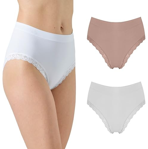 Risalti Slip Donna Pizzo Vita Alta Microfibra Seamless 2Pz - Mutande Donna Pizzo Senza Cuciture ed Etichette, Elasticizzate, Traspiranti, Intimo Morbido Effetto Seconda Pelle - Made in Italy