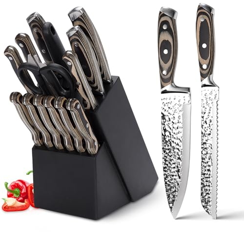 15-Piece Chef Knife Sets with Sharpener, Kitchen Knife Sets with Wood Block, High Carbon Stainless Steel Professional Chef’s Knives, Steak Knife and Scissor for Chopping Slicing and Dicing