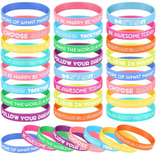 Chunyin 24 Pcs Motivational Bracelets Inspirational Quote Silicone Wristbands Colorful Wrist Bands Friendship Bracelets for Teens Leaving Gifts Presents Birthday Party