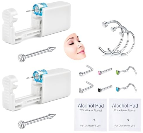 AVYRING Kit de piercing de nez, pistolet de nez intégré, kit de piercing auto-piercing sans douleur avec clous de nez de 20 g, pistolet de piercing jetable pour piercing nasal à la maison, Acier