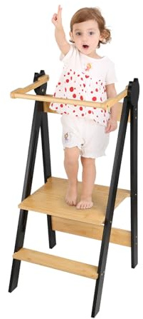 Torre Montessoriana di Apprendimento Pieghevole Multiuso Learning Tower in Legno Naturale di Betulla per Bambini 1-6 Anni-87 * 42 * 38,5 cm-88 * 45 * 45 cm-caffè nero