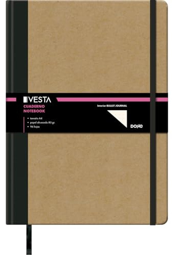 Dohe - Bullet Journal Cuaderno A4 - Interior Punteado, 21x29,7 cm, Tapa Dura Cartón Kraft, 96 Hojas, Cierre Goma Elástica, Macapáginas, Libreta Grande Profesional para Notas y Dibujo - Vesta Nature