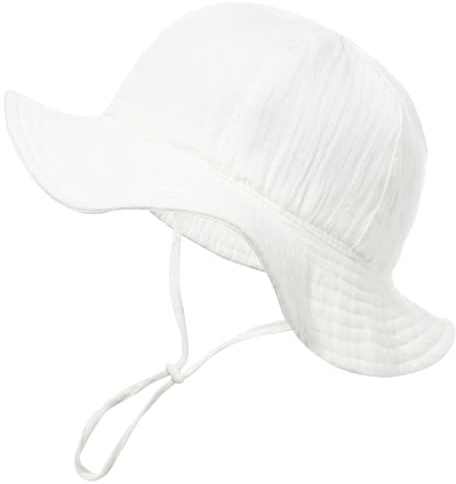 HZHSGLY Baby Sun Hat 6 12 Months, Baby Bucket Hat with Adjustable Chin Strap, Babies Summer Hats with Large Brim Cotton Floppy for UV Protection Newborn Sunhat (UK, Alpha, One Size, White)