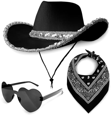 Cowboy Hat 3 Piece Set for Women – Sequin Western Hat, Paisley Bandana & Heart Sunglasses Cowgirl Costume Accessories for Fancy Dress Festivals
