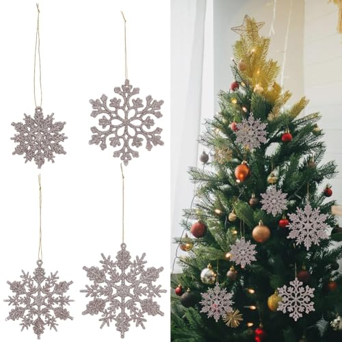 GORGECRAFT 36pz Adornos de Copos de Nieve de Plástico con Purpurina Marrón Rosado Copos de Nieve con Cuerda Colgante Árbol de Navidad de Invierno el Hogar Fiesta de Navidad de Ventanas Techos Manualid
