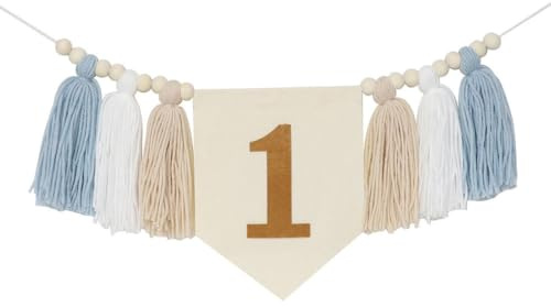 Birthday Banner, 1st Highchair Banner with Wood Beads & Tassels Hanging Decoration for Party Holiday Anniversary Celebration