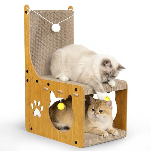 Gimars Grattoir Chat Carton en Forme de Chaise, Griffoirs pour Chats avec Balles et Tunnel Cachette, Protège-Meubles pour Chats d’Intérieur, Naturel