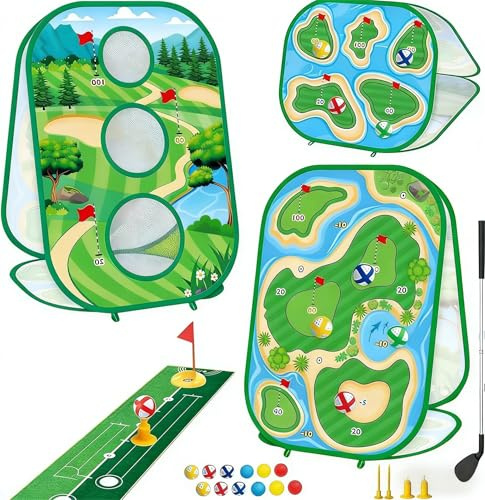 Juego de golf 4 en 1 con raqueta, alfombrilla de práctica de putting, red de chipping de 3 lados, diferentes modos de juego, tablero de golf con agujero de cornhole, entrenamiento de golf en