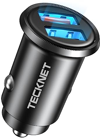 TECKNET Zigarettenanzünder USB Auto Ladegerät, Dual QC3.0 Port 36W/6A Schnellladung KFZ Ladegerät, Mini USB Auto Adapter 12V mit LED-Licht, Kompatibel mit iPhone Samsung Huawei und Mehr-Schwar