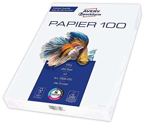AVERY Zweckform 2566 Drucker-/Kopierpapier (250 Blatt, 100 g/m², DIN A4 Papier, hochweiß, für alle Drucker) 1 Pack