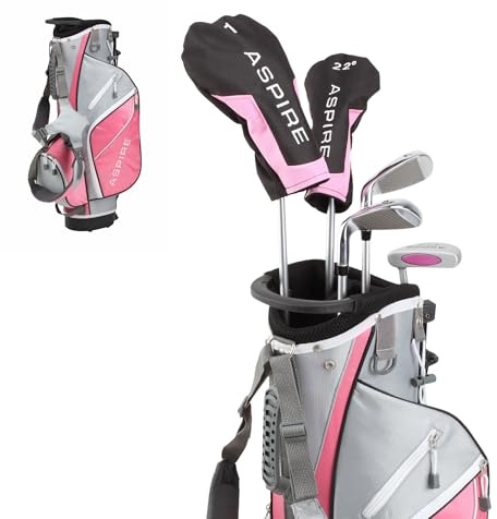 Aspire Junior Plus Kids Golf Clubs – Boys’ & Girls’ Right-Handed Golf Set with Lightweight Stand Bag, Graphite Shafts & Aircraft-Grade Aluminum Clubs - Pink Ages 9-10