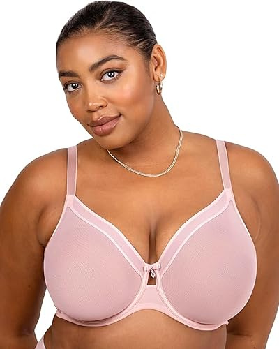 Curvy Couture Women's Sheer Mesh Full Coverage Unlined Underwire Bra, Blushing Rose, 34DD