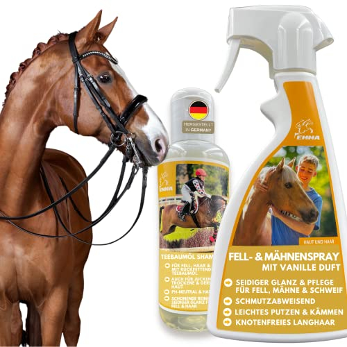 Mähnenspray Pferd & Pferde Teebaumöl Shampoo Pferdepflege-Set 0,25 0,5l I Pferdeshampoo Schweifspray für Pferde Mädchen Geschenk I Hundeshampoo gegen Geruch für irritierte Haut I Fellpflege Hund Pferd