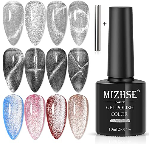 MIZHSE Esmalte en gel Universal Silver Cat Eye Top Coat 2-IN-1 Esmalte en gel para ojos de gato ancho 9D Y en Coat Gel Esmalte de Uñas Kit de salón de uñas de manicura No necesita capa superior.