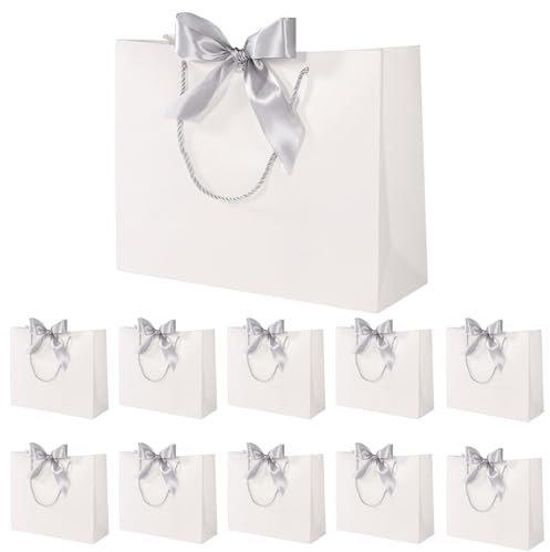 10 Pcs Gift Bags with Silver Bow Ribbon, Paper Party Favor Prensent Bag with Handles for Graduation Wedding Birthday Party Celebration, 12.5x10x4.3 Inches