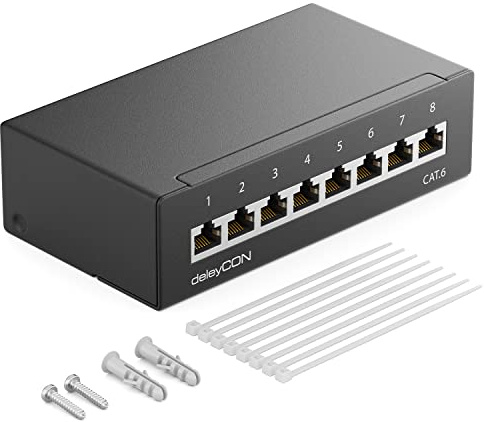 deleyCON Panel de Parcheo CAT 6 Panel de Distribución de 8 Puertos 1HE Montaje en Escritorio y Pared Con Apantallamiento 8x Tomas RJ45 Cable de Red de Instalación TIA568A TIA568B RAL 9005 Negro