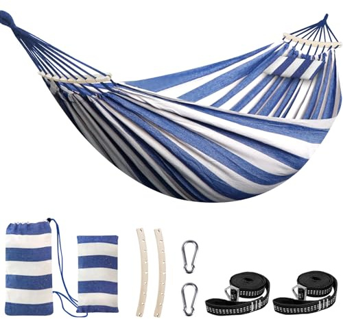 Chihee Amaca in cotone Morbida Traspirante Amaca da campeggio Regge fino a 300 kgAmaca portatile con barra divisoria staccabile Cuscino 2 robuste fettucce 2 moschettoni Interno Esterno