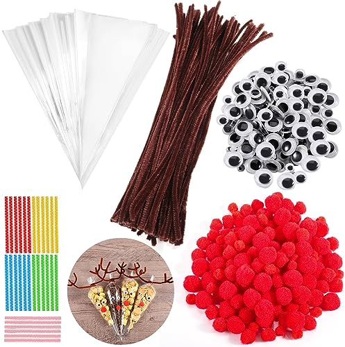 100 Stück Süßigkeiten Tüten, Cellophantüten Pfeifenreiniger Pfeifenputzer Braun Spitztüten mit Bindebänder Rote Pompons Wackelaugen für Bonbons Kekse Weihnachtsgeschenke