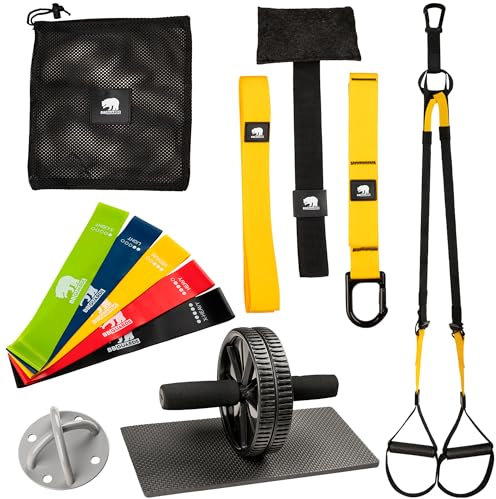 Komplett Set für Suspensionstraining mit schlingentrainer für zuhause (inkl. deckenhalterung), bauchroller bauchmuskeltrainer und Fitnessbänder set. Ab Roller, Gummibänder und sling trainer