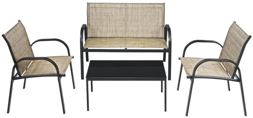 COSTWAY Set da Giardino con 4 Pezzi, Set da Giardino per Chiacchierare, Sedie da Giardino con Tavolino in Vetro, con Struttura Resistente in Ferro, Tessuto a Rete Traspirante (Marrone)