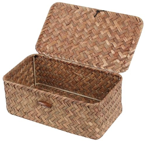 FEIALNDUO Wicker Shelf Baskets with Lid,Seagrass Storage Basket Bins Rectangular Handwoven Basket Boxes for Shelves Desktop Home Organizer (Coffee, X-Small)