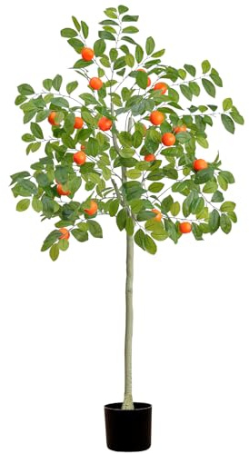 Funzhan 5 Feet Artificial Orange Tree Large Outdoor with Faux Tangerine Fruit Decor with Natural Wood Trunk and Lifelike Citrus Fruits Plastic Pre Potted Fake Orange Plant Tree for Home Office